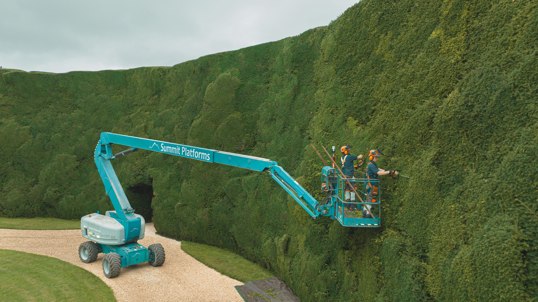 Dos profesionales cortan el seto alto de Bathurst Estate desde una plataforma elevadora