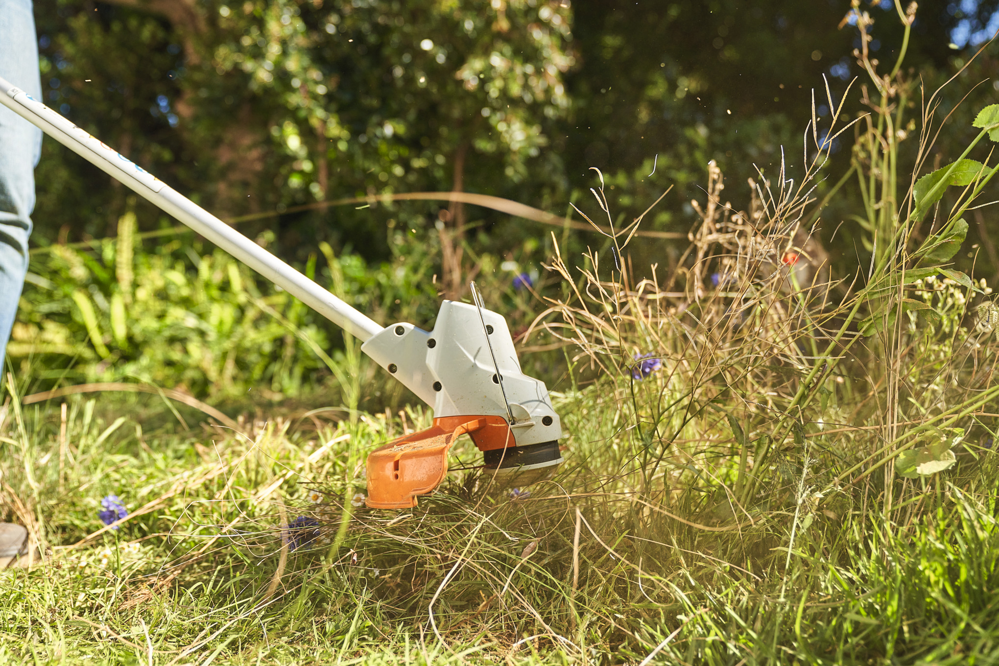 Primer plano de una persona cortando un campo de flores silvestres con la desbrozadora de batería STIHL FSA 57  