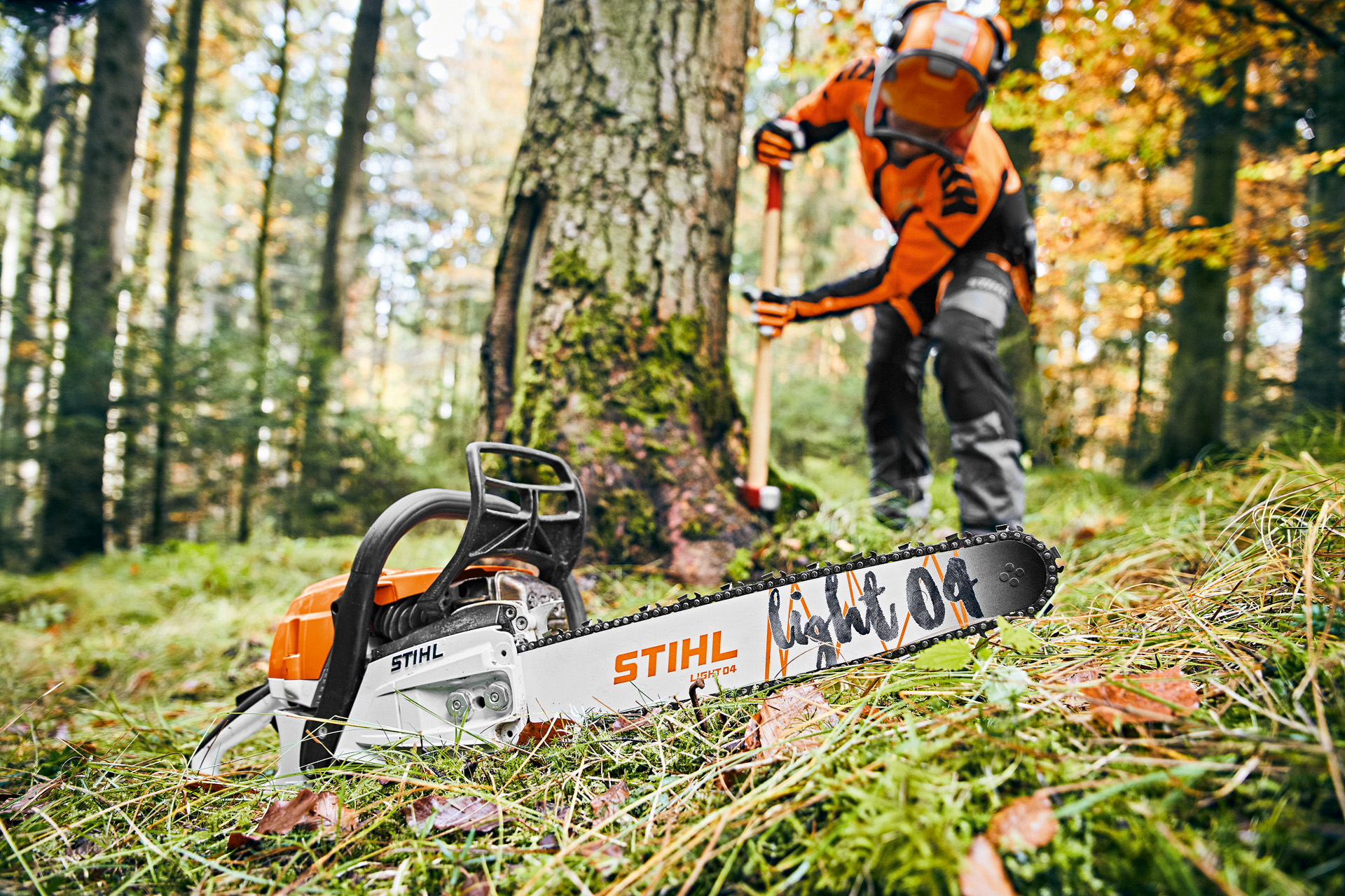 Un hombre con equipamiento de protección trabajando en el bosque, con una motosierra de gasolina MS 261 C-M con espada STIHL Light 04 